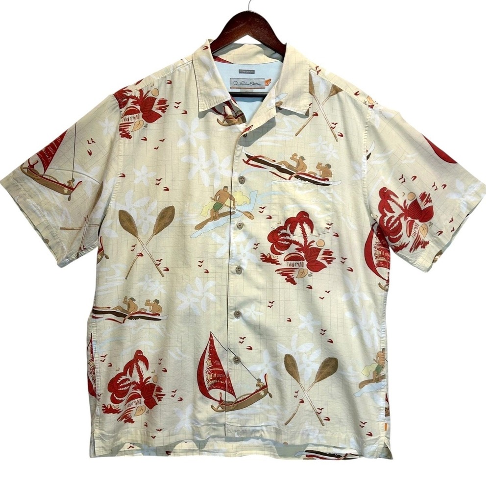 Quiksilver Aloha Camp Shirt Surfer Canoe Sailboat Cruise Tropical Resort Mens L